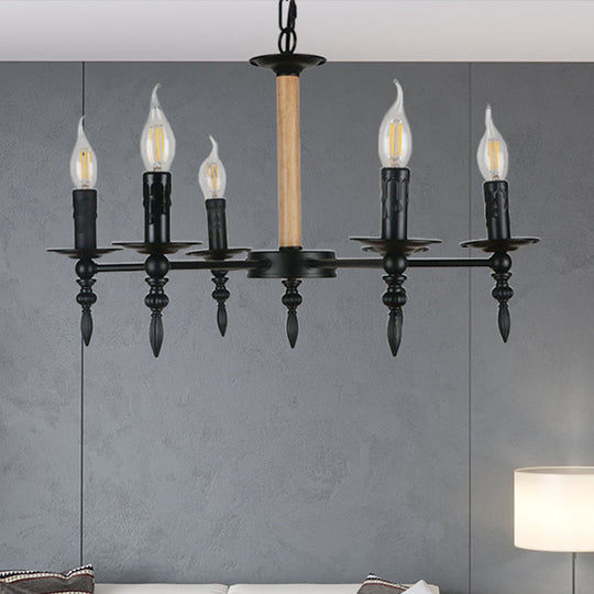 Black Finish Candle Chandelier - Antique Metal/Wood 6 Heads Restaurant Pendant Light