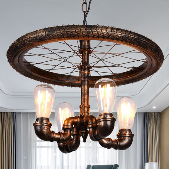 Vintage Metal Chandelier - 4 Lights Rust Pendant Light With Pipe Wheel Design For Living Room