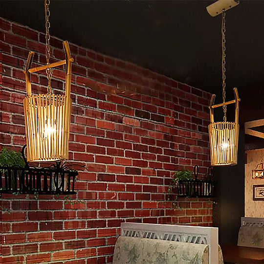 1-Head Bamboo Bucket Pendant Light: Stylish Beige Lodge Ceiling Fixture For Restaurants