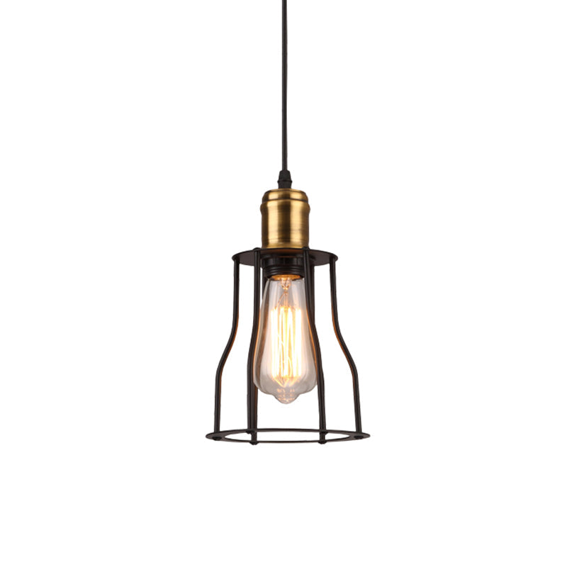 1-Bulb Bronze/Brass Suspended Metal Pendant Lamp - Mini Industrial Wire Cage Light For Living Room