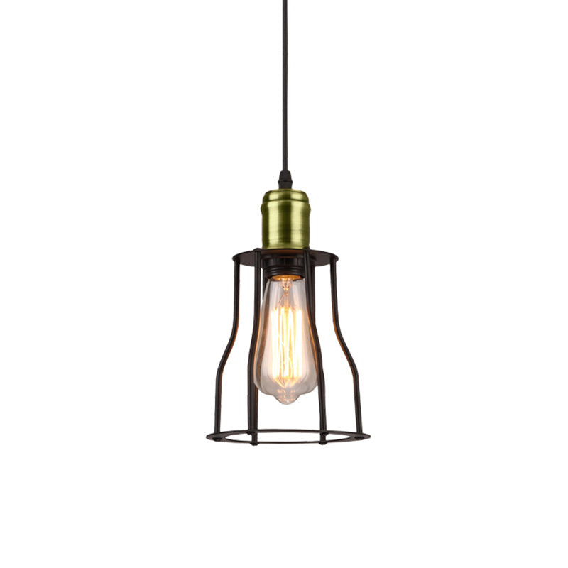 1-Bulb Bronze/Brass Suspended Metal Pendant Lamp - Mini Industrial Wire Cage Light For Living Room