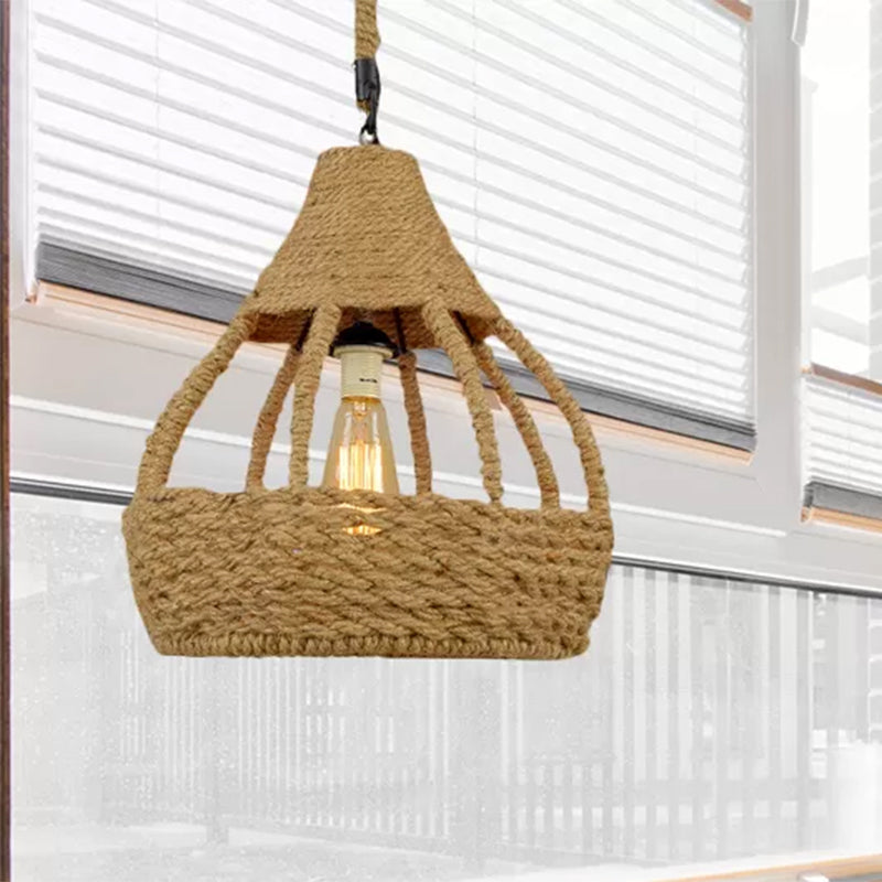 Rustic Brown Balcony Pendant Light Fixture With Rope Dome Shade - Country Style Suspension