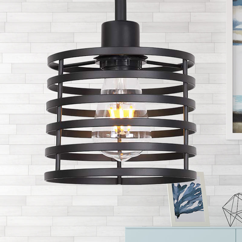 Vintage Wire Cage Pendant Light With Cylindrical Shade - Single Bulb Metallic Finish (Black/Brass)