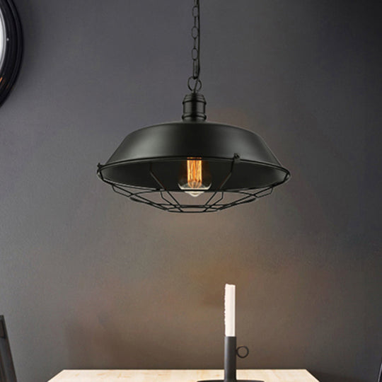 Industrial Wire Cage Pendant Light With Barn Shade - Black