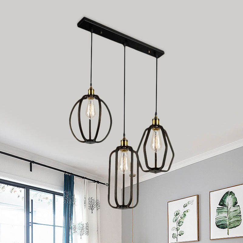 Antique Black Iron Pendant Light With 3 Cages - Adjustable For Living Room Ceiling
