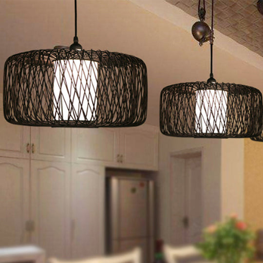 1-Light Restaurant Hanging Bamboo Drum Pendant Lamp 16’’/23.5’’ Wide Black Shade Fixture