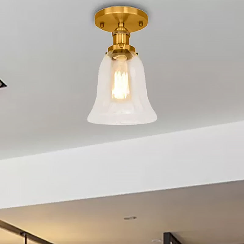 Industrial Flared Glass Semi Flush Mount Light With Clear Bulb In Black/Bronze/Copper