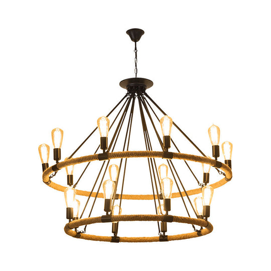 2-Tier Industrial Chandelier With 18 Hanging Lights Beige Rope Pendant Lamp For Restaurants