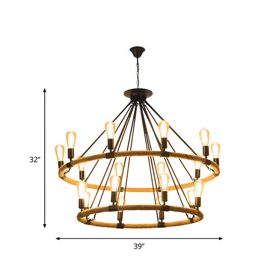 Industrial 2-Tier Beige Chandelier Pendant Lamp With 18 Ring Rope Lights For Restaurants