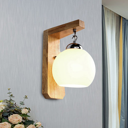 Modern Opal Glass Globe Wall Light With Wood Base - White Sconce For Bedroom