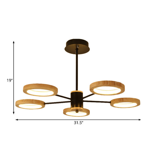 Modern Wood Sputnik Chandelier Pendant Light - 3/5/6 Lights Black Led Hanging Ceiling Lamp In