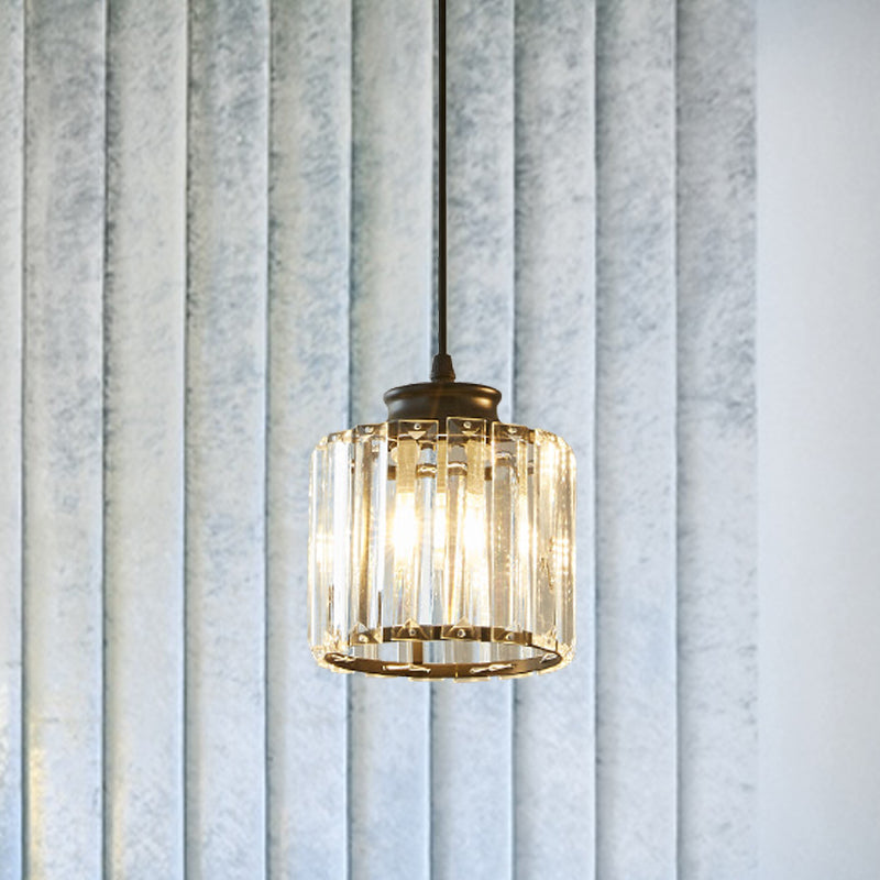 Modern Black Drum Pendant Light With Clear Crystal Ceiling Hang Fixture For Living Room