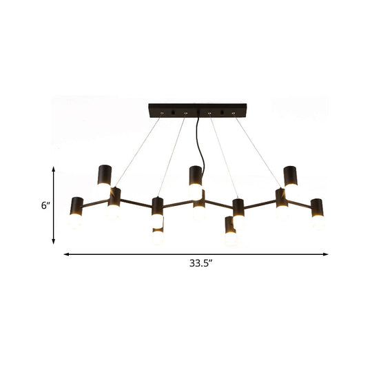 12-Head Black Metal Branch Chandelier With Linear Design & Suspension