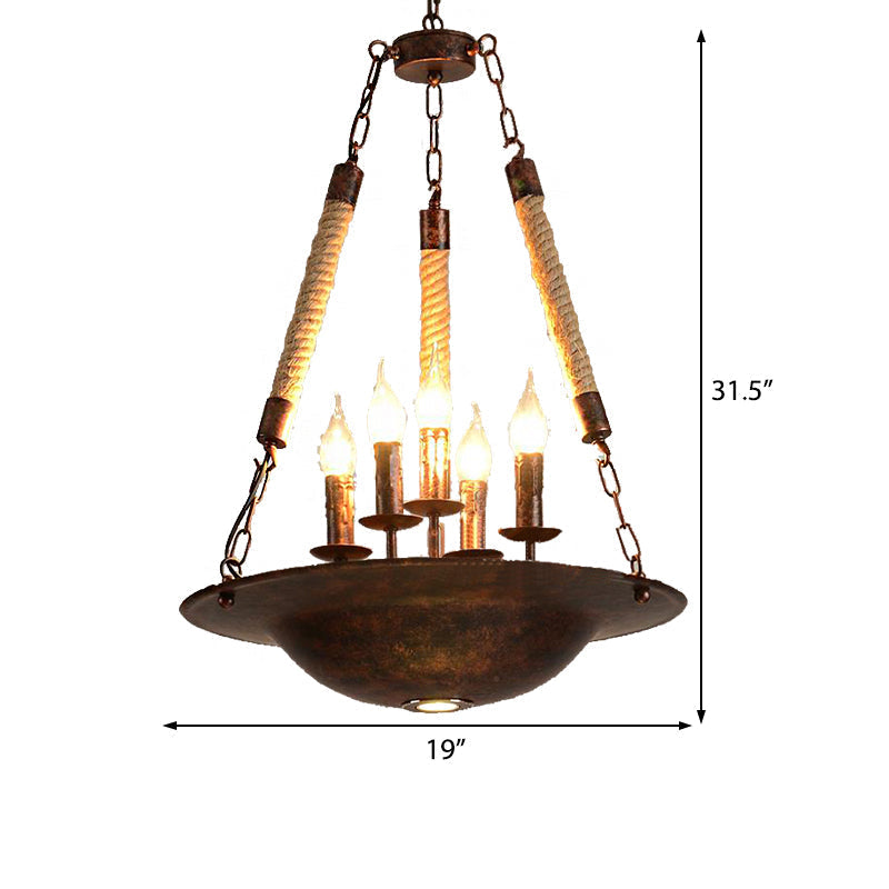 Hanging Chandelier Industrial Rust Candle Pendant Light Fixture With 5 Lights & Rope Chain
