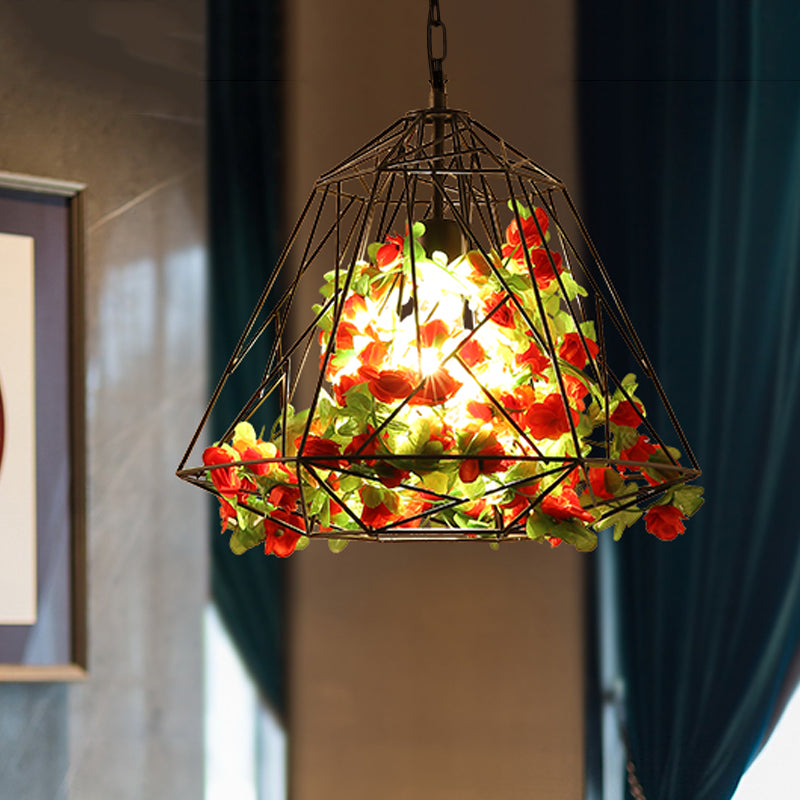 Antique Geometric Pendant Ceiling Light - Metal Led Flower Suspension Lamp In Black