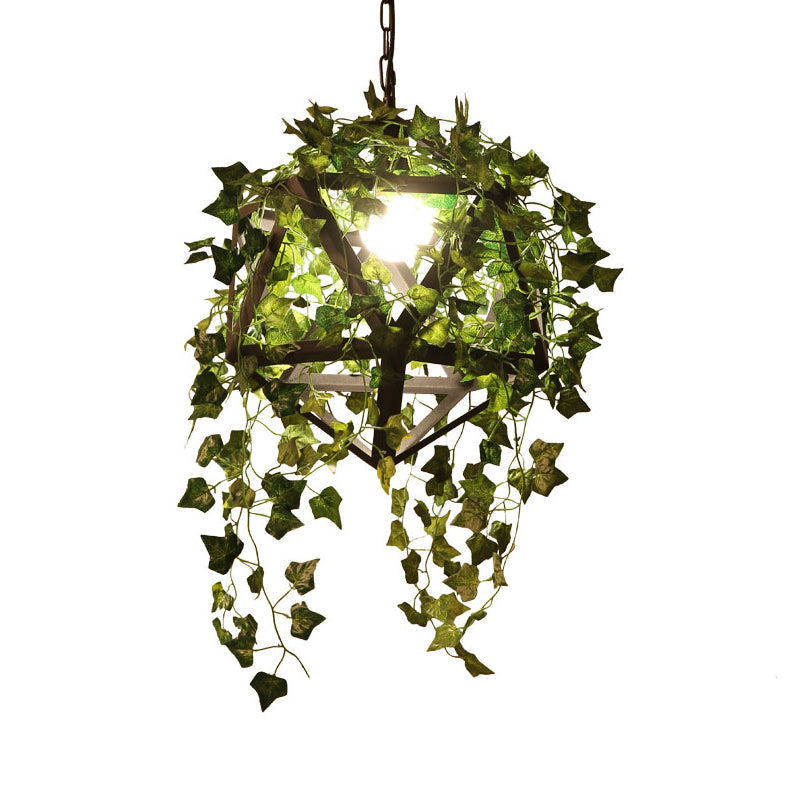 Geometric Metal Led Pendant Light With Plant Decor In Black