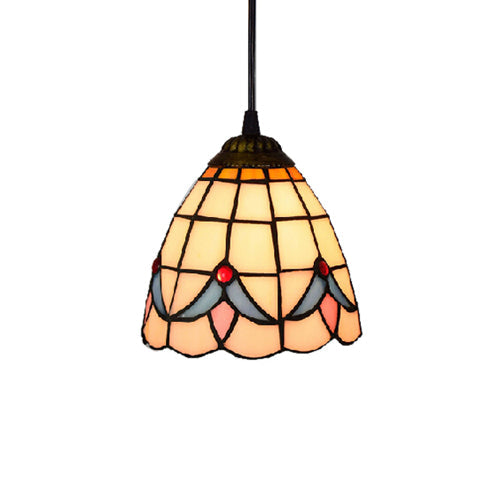 Tiffany-Style Beige Stained Glass Ceiling Lamp: 1-Head Pendant Light Kit (6’/8’ Wide Flare)