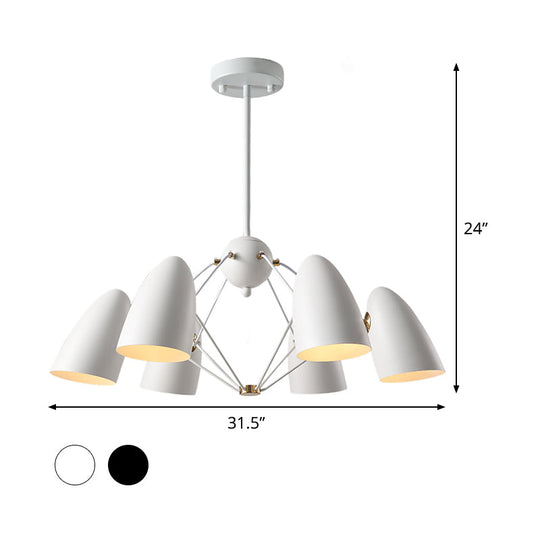 Contemporary 6-Light Downward Metal Shade Chandelier In White/Black Finish - Bullet Ceiling Fixture