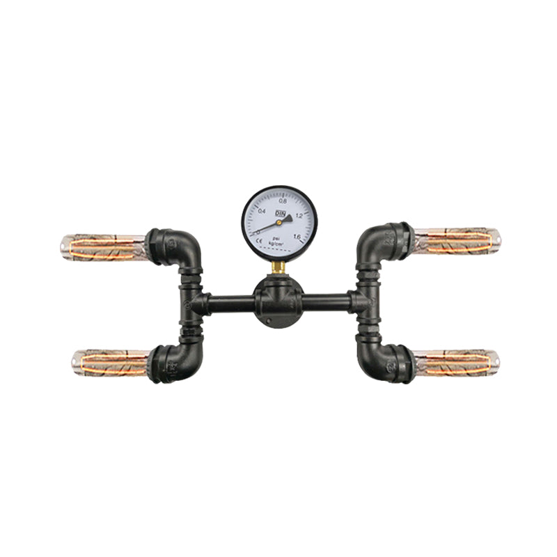 Farmhouse Black Iron Wall Mount Sconce With 4-Bulb H-Shape Design And Gauge Deco