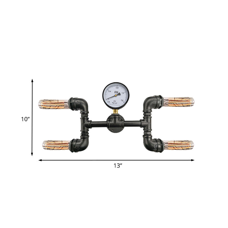 Farmhouse Black Iron Wall Mount Sconce With 4-Bulb H-Shape Design And Gauge Deco