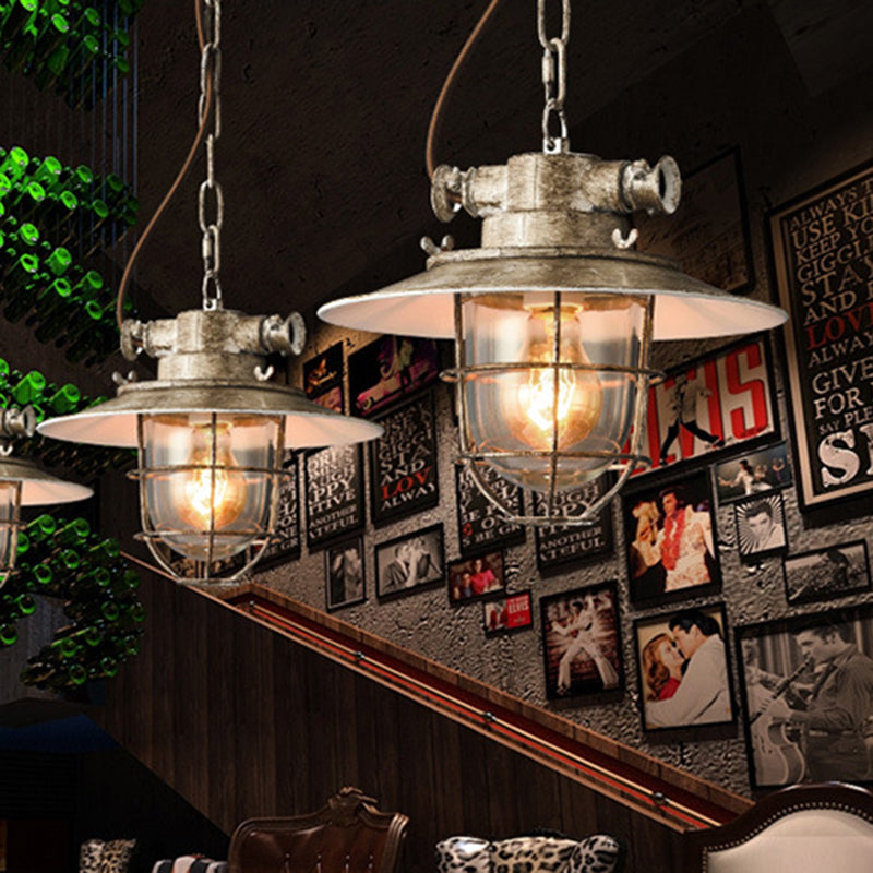 Vintage Silver Down Lighting Industrial Wire Cage Pendant Lamp With Clear Glass Shade