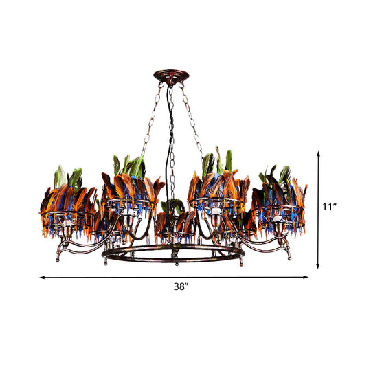 Industrial Iron Rusty Chandelier Light Fixture - 9 Lights Round Hanging Ceiling Lamp With Colorful