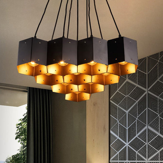 Vintage Hexagonal Chandelier With Black Honeycomb Design - 7/10/11 Down Lights For Restaurants
