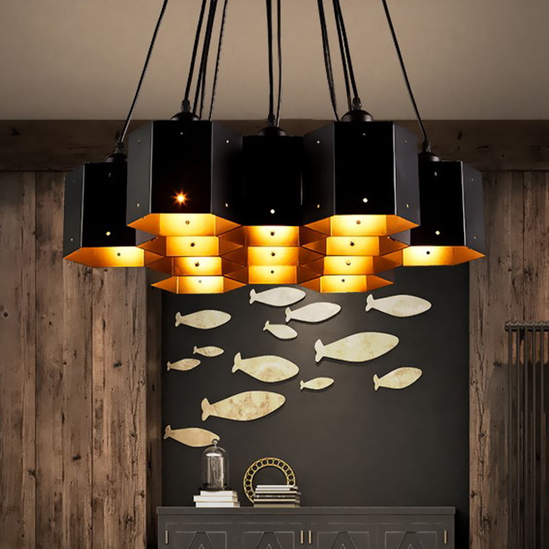 Vintage Hexagonal Chandelier With Black Honeycomb Design - 7/10/11 Down Lights For Restaurants 13 /