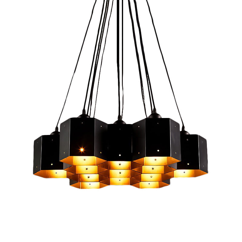 Vintage Hexagonal Chandelier With Black Honeycomb Design - 7/10/11 Down Lights For Restaurants