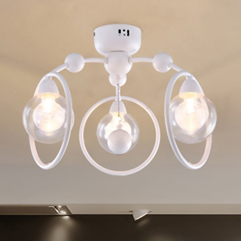 Modern Metal Glass Shade 3 - Light Semi Flush Mount Ceiling Fixture For Dining Room - White