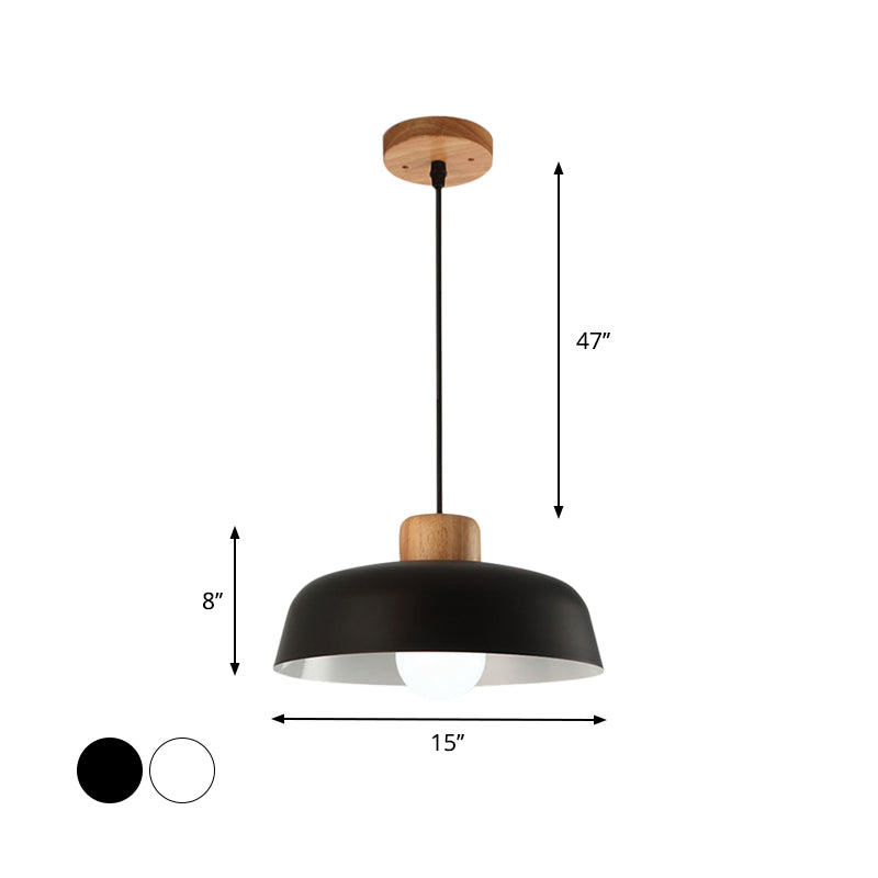 Bowl Shaped Hanging Fixture Nordic Style Black/White Metal And Wood Pendant Lighting With
