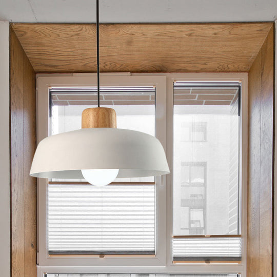 Bowl Shaped Hanging Fixture Nordic Style Black/White Metal And Wood Pendant Lighting With