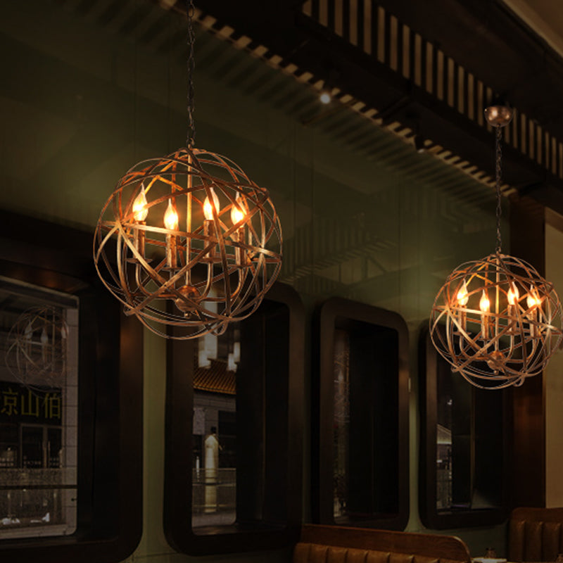 Vintage Style 4-Head Ceiling Chandelier With Iron Globe Cage Shade In Antique Brass For Dining Room