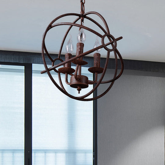 Spherical Wrought Iron Hanging Light: Antique Style Indoor Chandelier Lamp In Black/Rust With 3/6/7