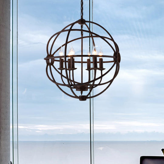 Spherical Wrought Iron Hanging Light: Antique Style Indoor Chandelier Lamp In Black/Rust With 3/6/7