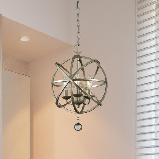 Farmhouse Style Iron Kitchen Chandelier Pendant Light - Orb Caged Design 3 Lights Pewter Finish