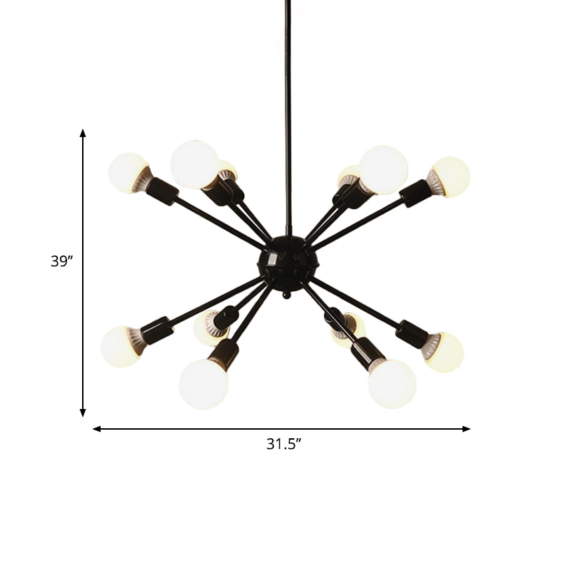 Industrial Black Starburst Chandelier Lighting - 12 Bulbs Adjustable Cord Ideal For Restaurants