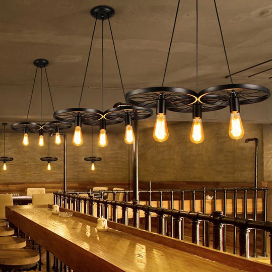 Vintage Industrial Hanging Light With Wheel Design And Multiple Heads - Black/Rust Metal Ceiling