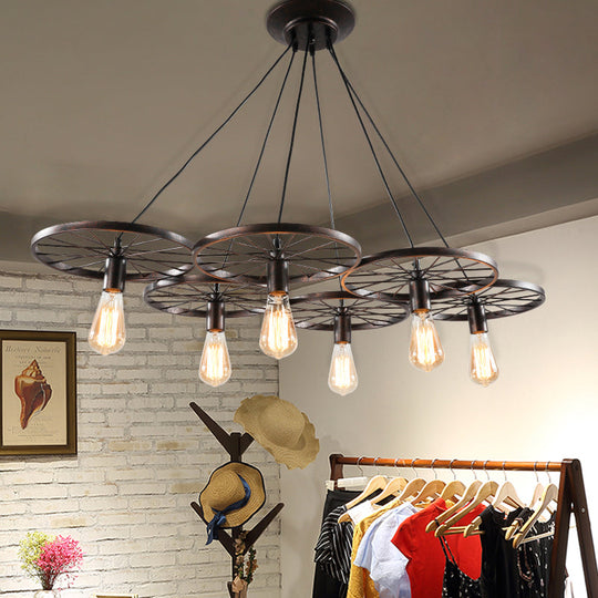 Industrial Black/Rust Metal Hanging Light With Vintage Bare Bulb Design - 3/6/8 Heads Ceiling