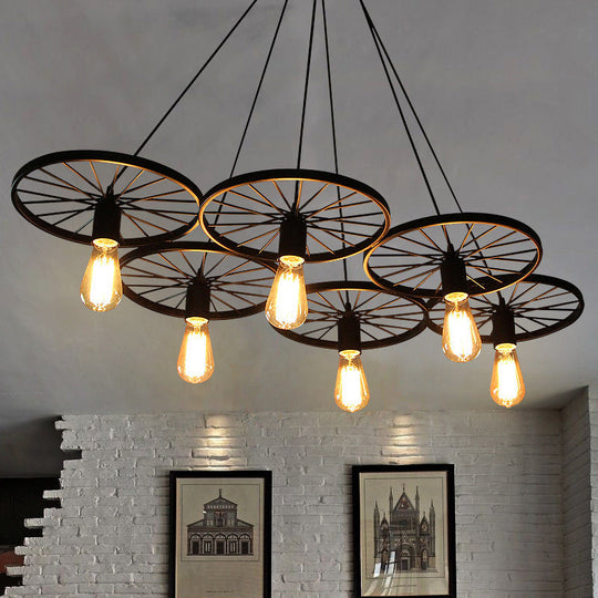 Industrial Black/Rust Metal Hanging Light With Vintage Bare Bulb Design - 3/6/8 Heads Ceiling