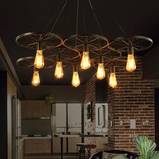 Industrial Black/Rust Metal Hanging Light With Vintage Bare Bulb Design - 3/6/8 Heads Ceiling