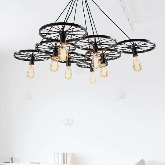 Industrial Black/Rust Metal Hanging Light With Vintage Bare Bulb Design - 3/6/8 Heads Ceiling