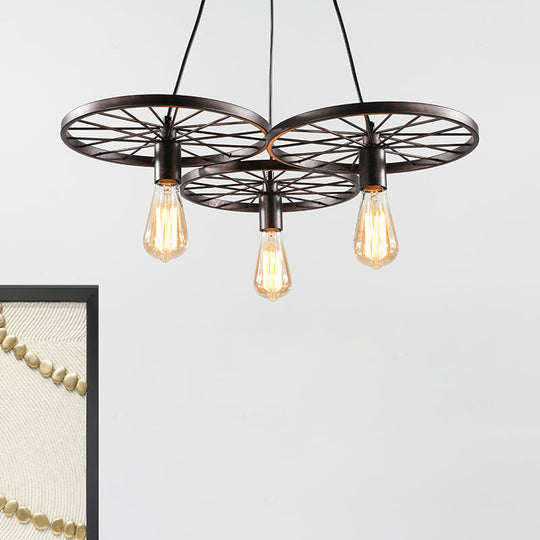 Vintage Industrial Hanging Light With Wheel Design And Multiple Heads - Black/Rust Metal Ceiling