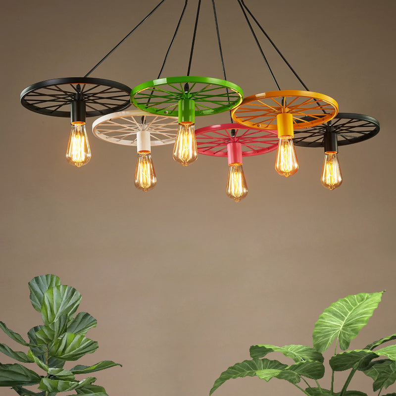 Vintage Industrial Hanging Light With Wheel Design And Multiple Heads - Black/Rust Metal Ceiling