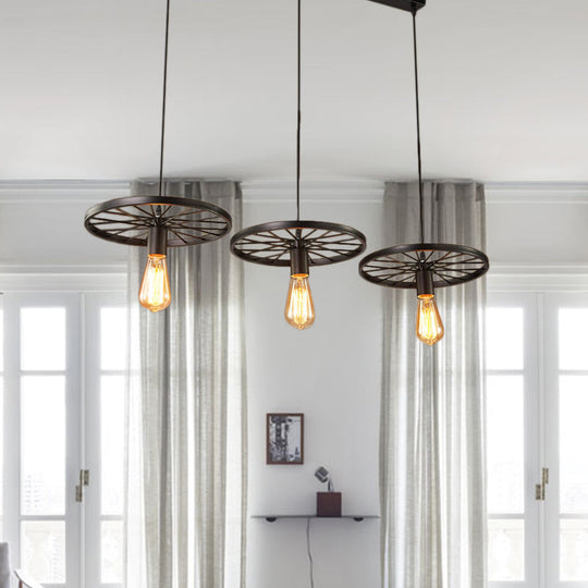 Vintage Industrial Hanging Light With Wheel Design And Multiple Heads - Black/Rust Metal Ceiling