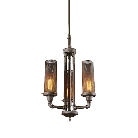 Farmhouse Style Pewter Iron Chandelier With Tube Hanging Lamp - 3/5/8 Lights Cylinder Mesh Shade