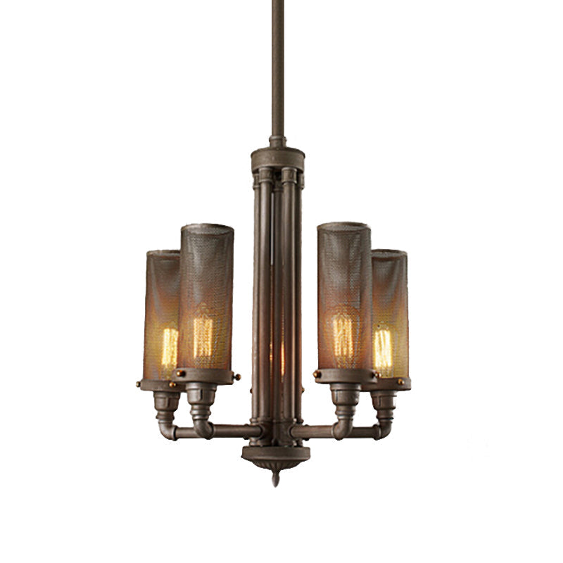 Farmhouse Style Pewter Iron Chandelier With Tube Hanging Lamp - 3/5/8 Lights Cylinder Mesh Shade