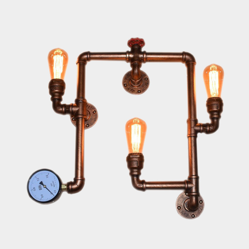 Industrial Copper Finish 3-Head Iron Sconce Light - Twisted Living Room Wall Mount Pipe Lamp With