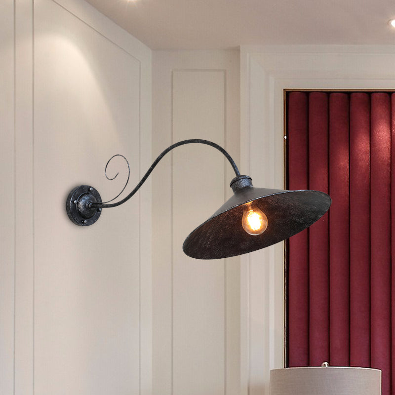 Flared Outdoor Wall Light - Antiqued 1-Light Metal Sconce Lamp With Curved Arm Black/Black & White
