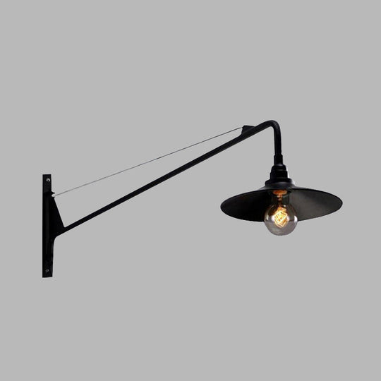 Metallic Wide Flared Wall Lamp: Antiqued 1 Light Coffee Shop Lighting In Black With Long Arm